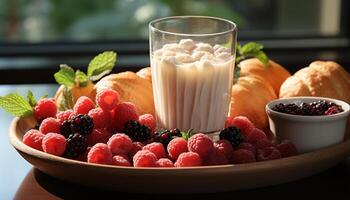 ai genererad färsk bär frukt efterrätt på trä- tabell med yoghurt och mynta genererad förbi ai foto