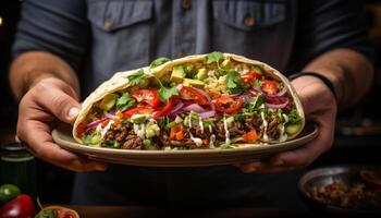 ai genererad färsk hemlagad vegetarian taco sallad, redo till äta, friska och utsökt genererad förbi ai foto