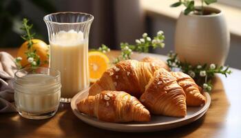 ai genererad färsk croissant och kaffe på trä- tabell, en härlig frukost genererad förbi ai foto