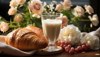 ai genererad färsk croissant och kaffe på trä- tabell med blomma bukett genererad förbi ai foto