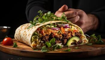 ai genererad hemlagad gourmet taco grillad nötkött, färsk grönsaker, kryddad guacamole genererad förbi ai foto