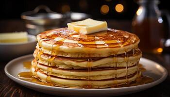 ai genererad färsk hemlagad pannkakor staplade på en tallrik med sirap och Smör genererad förbi ai foto