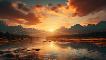 ai genererad lugn scen solnedgång över majestätisk berg räckvidd speglar i vatten genererad förbi ai foto