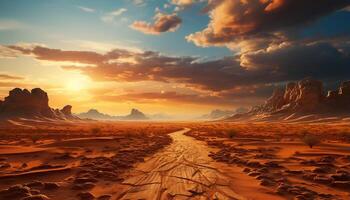 ai genererad majestätisk solnedgång målarfärger lugn sand sanddyner i orange reflexion genererad förbi ai foto