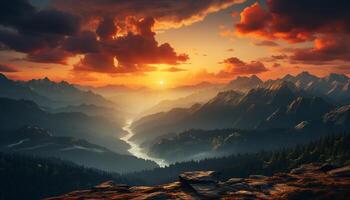 ai genererad majestätisk berg topp silhuetter i lugn solnedgång landskap genererad förbi ai foto