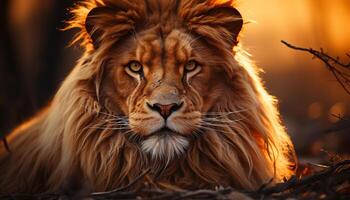 ai genererad majestätisk lejon, kung av de savann, ser på kamera genererad förbi ai foto