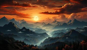 ai genererad majestätisk berg räckvidd, solnedgång silhuett, lugn äng, natur skönhet genererad förbi ai foto