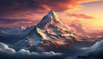 ai genererad majestätisk berg topp, natur skönhet i panorama- solnedgång genererad förbi ai foto