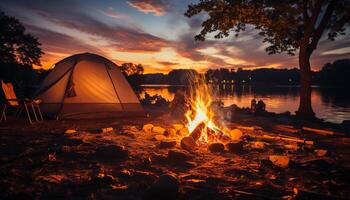 ai genererad camping i natur, flamma glöd, lugn scen, lysande solnedgång genererad förbi ai foto