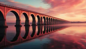 ai genererad solnedgång silhuett speglar på vatten, bro valv i skymning genererad förbi ai foto