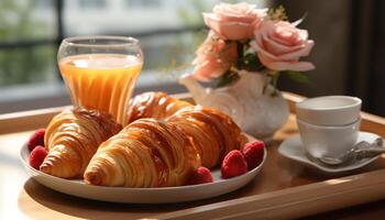 ai genererad gourmet croissant, färsk kaffe, ljuv efterrätt, hemlagad skaldjur, friska måltid genererad förbi ai foto