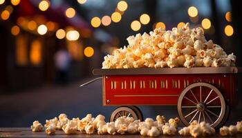 ai genererad färsk popcorn, godis, och drycker för en roligt film natt genererad förbi ai foto