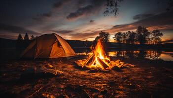 ai genererad camping äventyr solnedgång, lägereld, tält, natur, vandring, avslappning genererad förbi ai foto