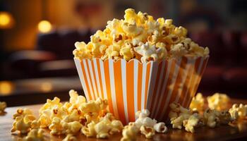 ai genererad tittar på en film, småätande på popcorn i en gul hink genererad förbi ai foto