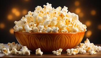 ai genererad färsk popcorn i en gul skål, perfekt film teater mellanmål genererad förbi ai foto