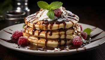 ai genererad nyligen bakad pannkakor med choklad sås, bär, och vispad grädde genererad förbi ai foto