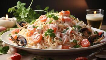 ai genererad färsk skaldjur pasta med persilja, tomat sås, och friska grönsaker genererad förbi ai foto