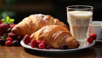 ai genererad nyligen bakad croissant och bär på en rustik trä- tabell genererad förbi ai foto