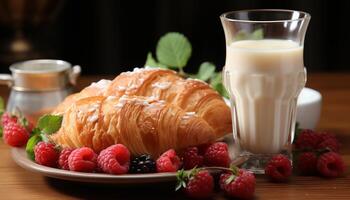 ai genererad friskhet och sötma på en tallrik bär frukt och croissant genererad förbi ai foto