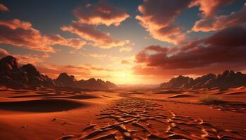 ai genererad majestätisk solnedgång målarfärger lugn sand sanddyner i orange skönhet genererad förbi ai foto