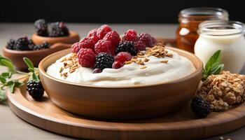 ai genererad friska äter yoghurt, frukt, granola, hallon, blåbär, gröt, honung genererad förbi ai foto