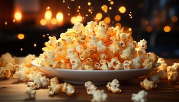 ai genererad färsk popcorn i en gul skål, perfekt film natt mellanmål genererad förbi ai foto
