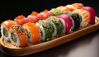 ai genererad friskhet på en tallrik sushi, sashimi, skaldjur, och avokado genererad förbi ai foto