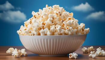 ai genererad färsk popcorn i en blå skål, perfekt film teater mellanmål genererad förbi ai foto