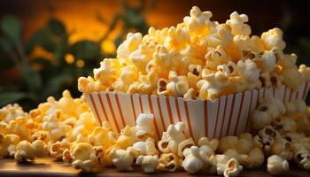 ai genererad färsk popcorn i en gul skål, perfekt film teater mellanmål genererad förbi ai foto