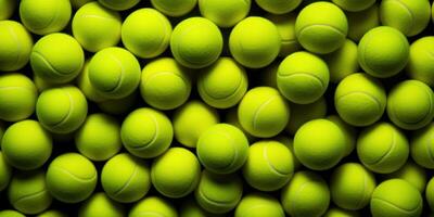 ai genererad tennis bollar lugg. topp se av sport spel Utrustning. massor grön bollar bakgrund foto