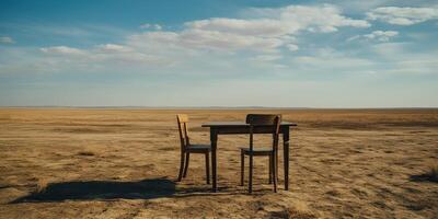 ai genererad trä- stol med tabell på sand och himmel bakgrund. övergiven ensam möbel på natur landskap. generativ ai foto