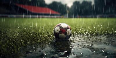 ai genererad regndroppar faller på fotboll boll i en mjuk fält. fotboll boll på våt gräs fält under regn i stadion. generativ ai foto