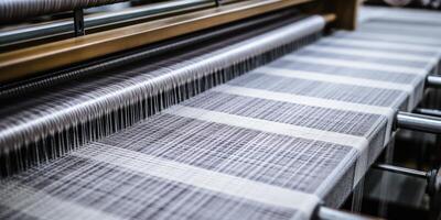 ai genererad industriell vävstol producerar grå tyg. textil- industri. silke produktion. generativ ai foto