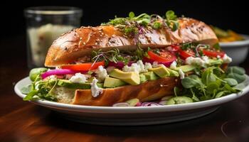 ai genererad grillad kött, färsk sallad, tomat på ciabatta, friska lunch genererad förbi ai foto