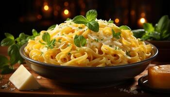 ai genererad friska äter färsk pasta, gourmet måltid på trä- tabell genererad förbi ai foto