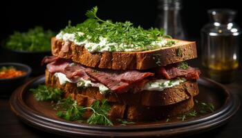 ai genererad friskhet på tallrik gourmet smörgås med rökt kött och grönsaker genererad förbi ai foto