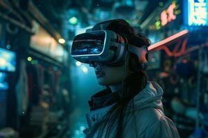 ai genererad kvinna upplever virtuell verklighet i neon stad foto