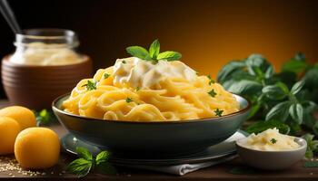 ai genererad friskhet och gourmet pasta skål med friska vegetarian Ingredienser genererad förbi ai foto