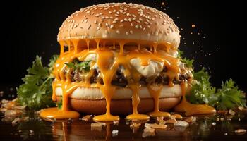 ai genererad grillad gourmet burger med smält Cheddarost på en sesam bulle genererad förbi ai foto