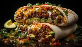 ai genererad nyligen grillad nötkött taco med hemlagad guacamole och kryddad salsa genererad förbi ai foto