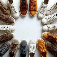 ai genererad många sporter skor är på de golv i cirkel foto
