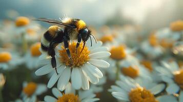 ai genererad en bi samlar pollen på blommor foto