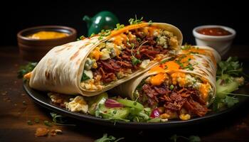 ai genererad hemlagad nötkött taco med guacamole, tomat, och Koriander på tortilla genererad förbi ai foto