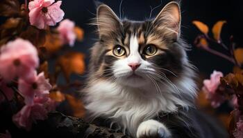 ai genererad söt kattunge Sammanträde utomhus, ser på kamera, omgiven förbi blommor genererad förbi ai foto