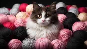 ai genererad söt kattunge stickning med färgrik ull, fluffig och kreativ genererad förbi ai foto