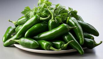 ai genererad färsk, organisk, vegetarian måltid grön chili peppar sallad på tallrik genererad förbi ai foto