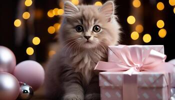 ai genererad söt kattunge Sammanträde, ser på kamera, insvept i gåva genererad förbi ai foto