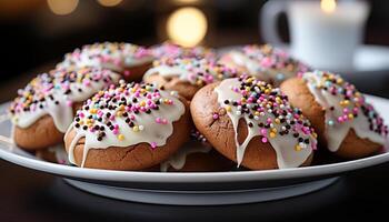 ai genererad en söt, hemlagad muffin med rosa glasyr och choklad dekoration genererad förbi ai foto