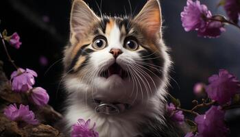 ai genererad söt kattunge ser på kamera, omgiven förbi lila blommor genererad förbi ai foto