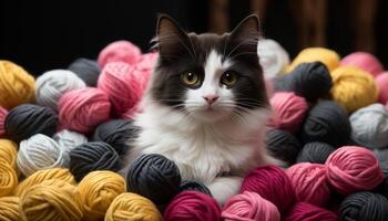 ai genererad söt kattunge spelar med färgrik boll av ull inomhus genererad förbi ai foto